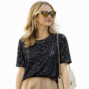 H&M Black Sequin Short Sleeve Top – Women’s Size M